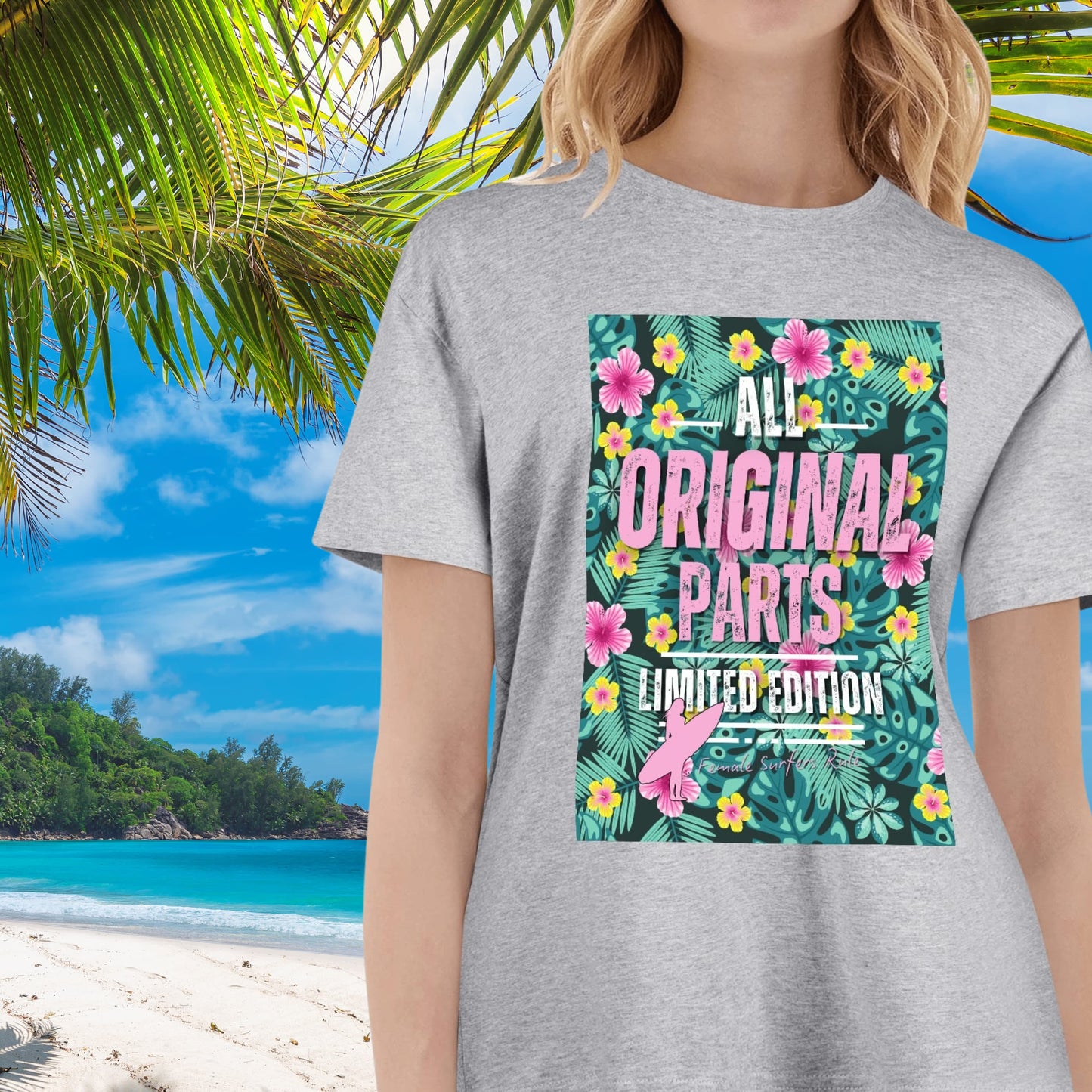 All Original Parts" Female Surfer Cotton T-Shirt