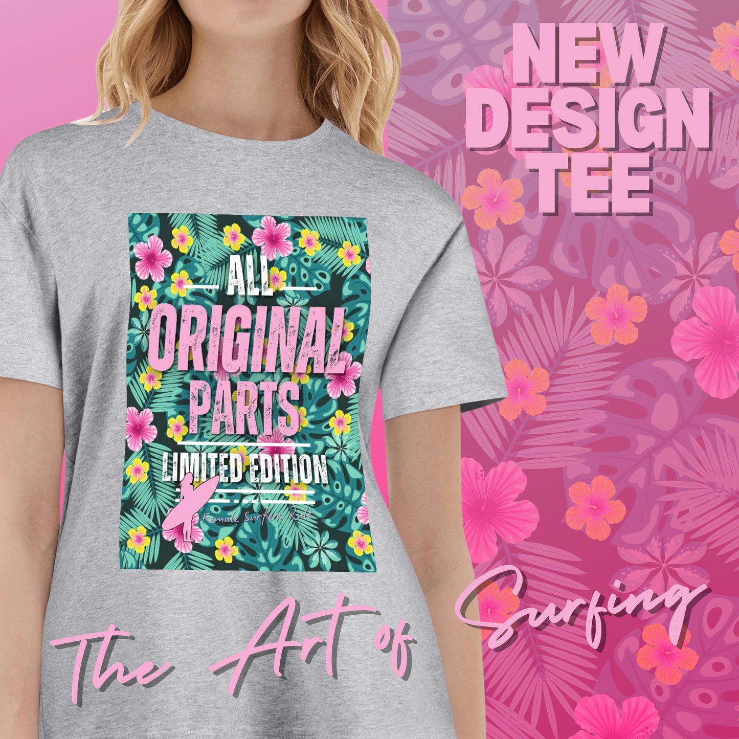 All Original Parts" Female Surfer Cotton T-Shirt