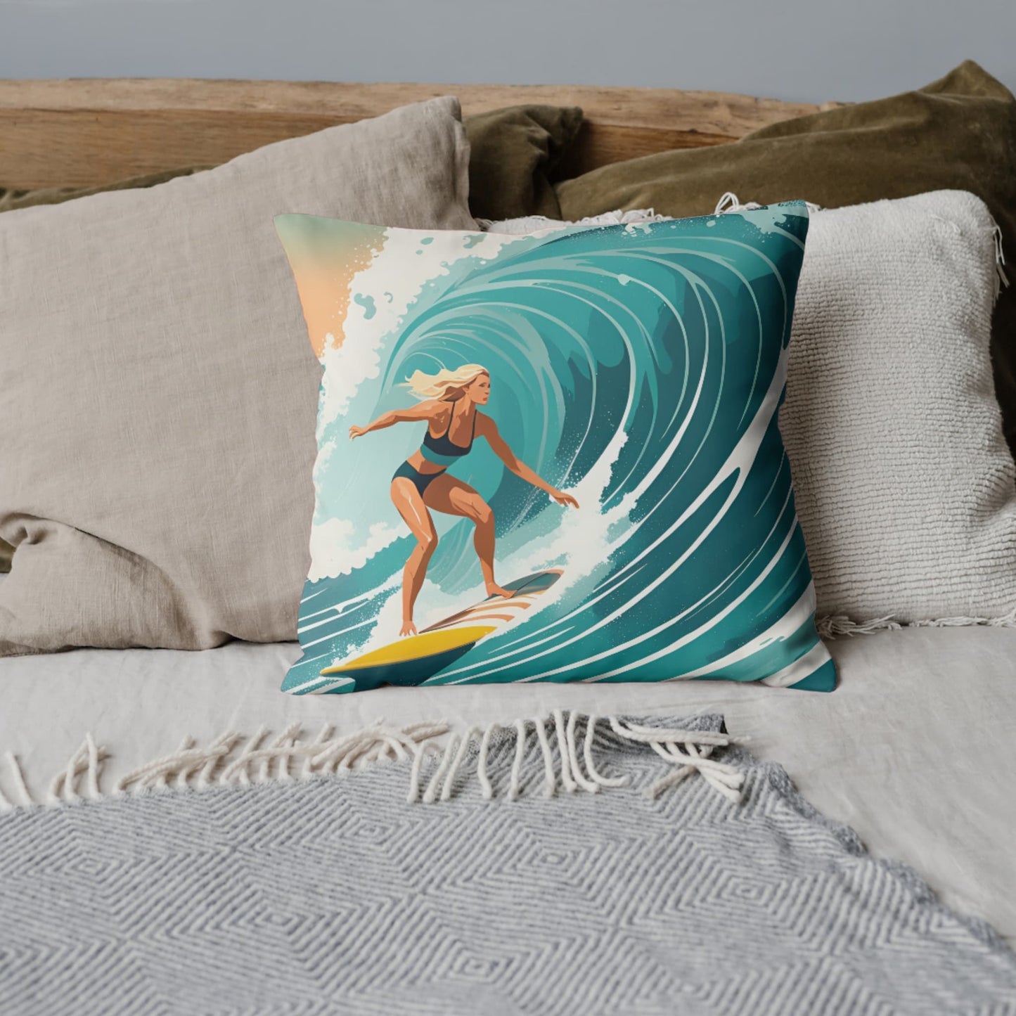 Vintage Female Surfer Pillow