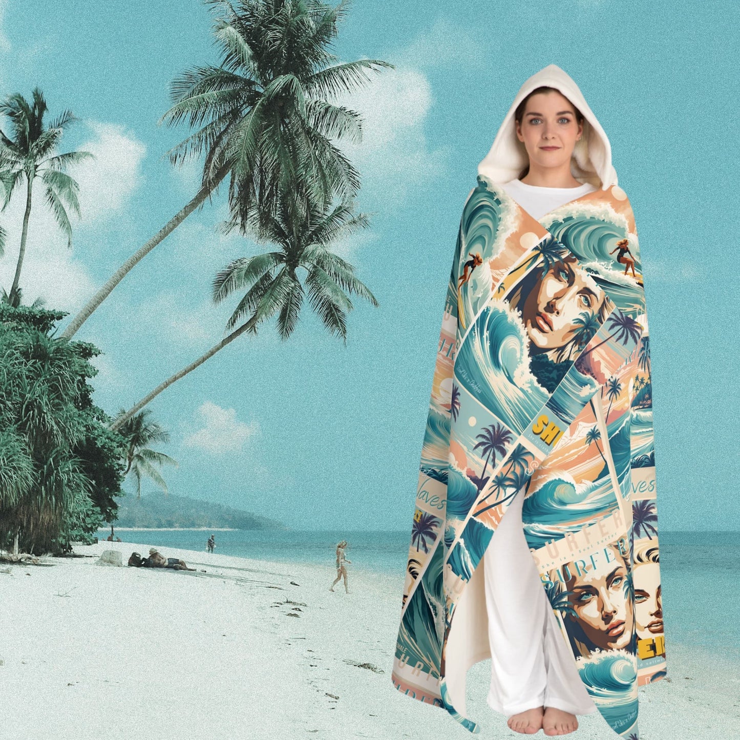 Vintage Surfing Hooded Sherpa Fleece Blanket