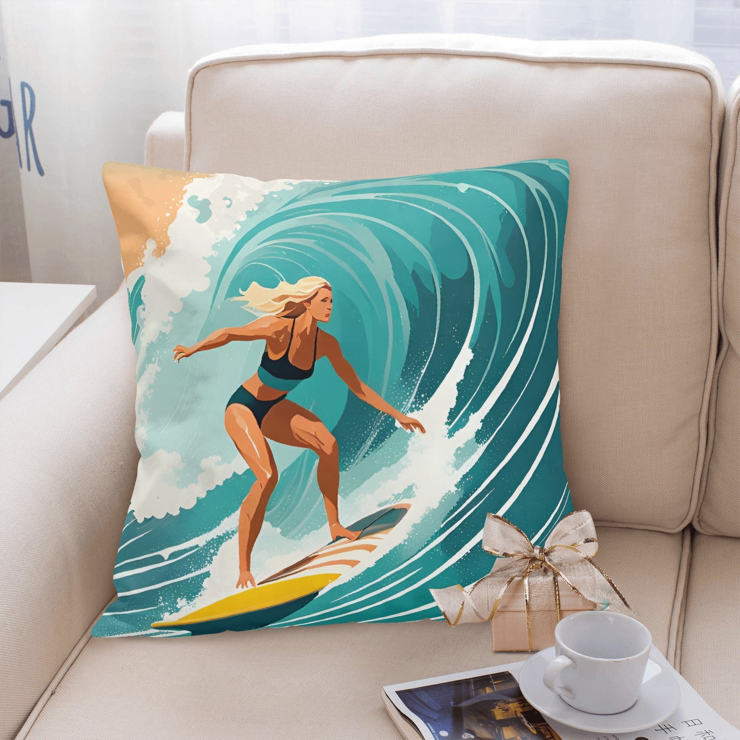 Female Surfer Velvet Pillow Case Square Cushion Cover