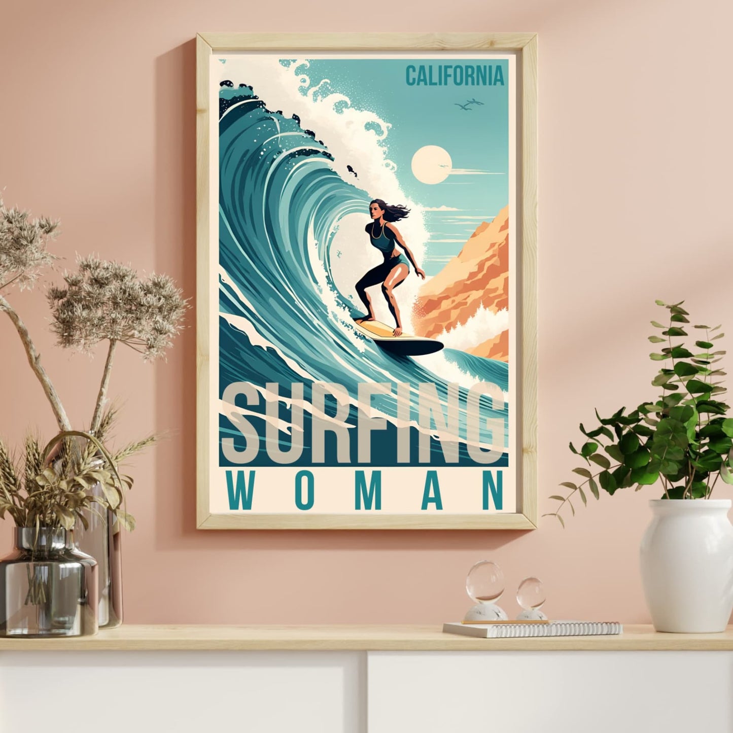 Flat, pastel Style Woman Surfer, Matte Vertical Posters-Old School