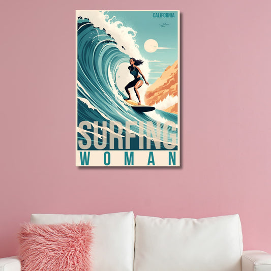 Flat, pastel Style Woman Surfer, Matte Vertical Posters-Old School