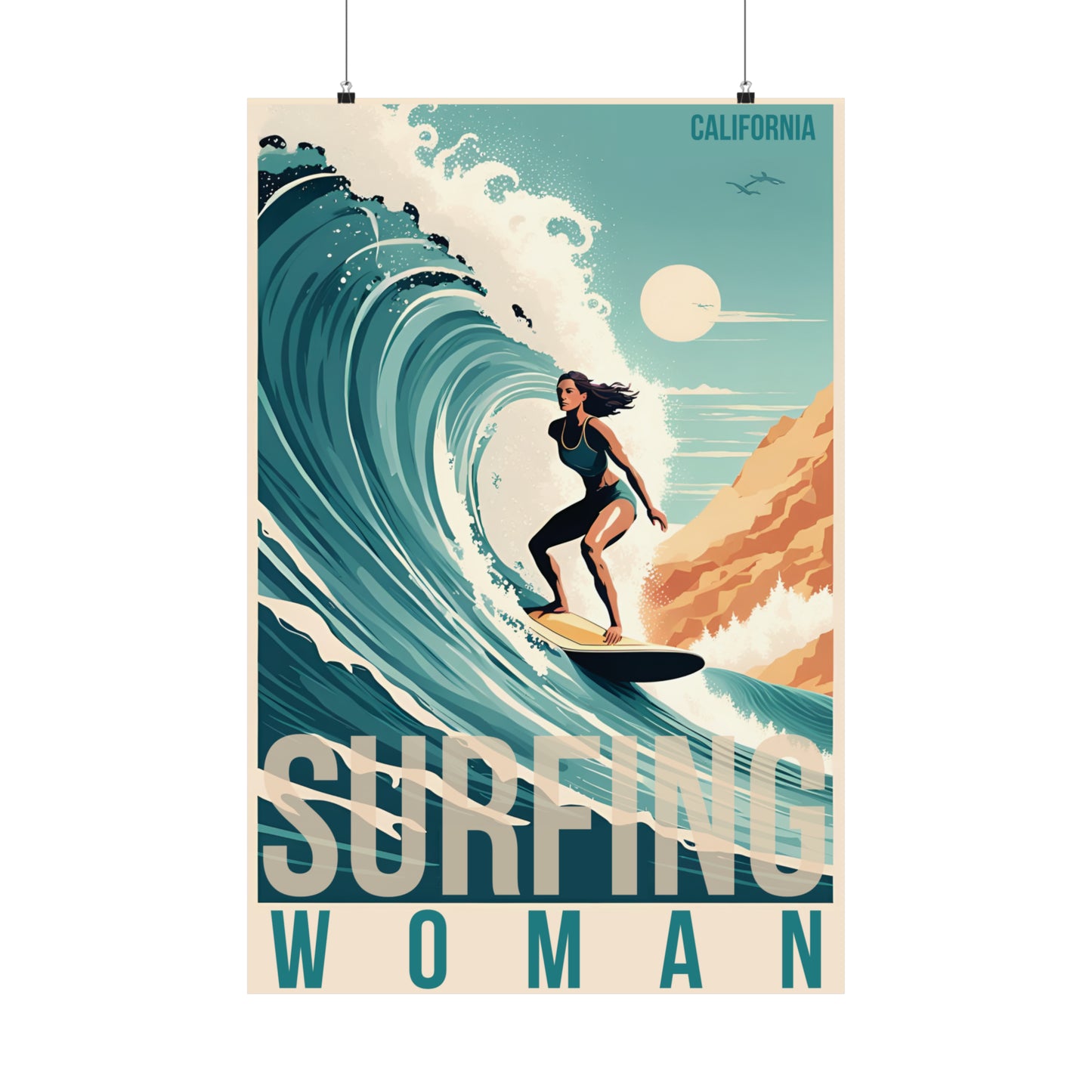 Flat, pastel Style Woman Surfer, Matte Vertical Posters-Old School