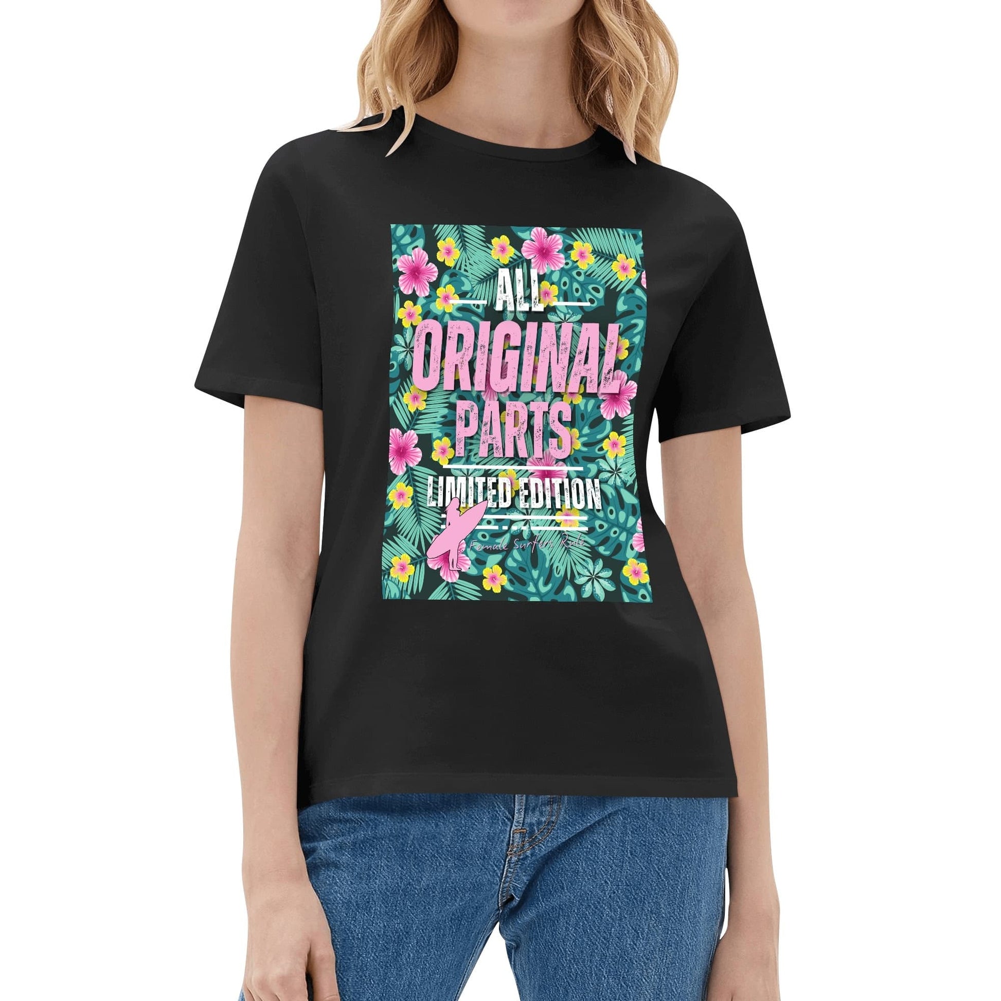 All Original Parts" Female Surfer Cotton T-Shirt