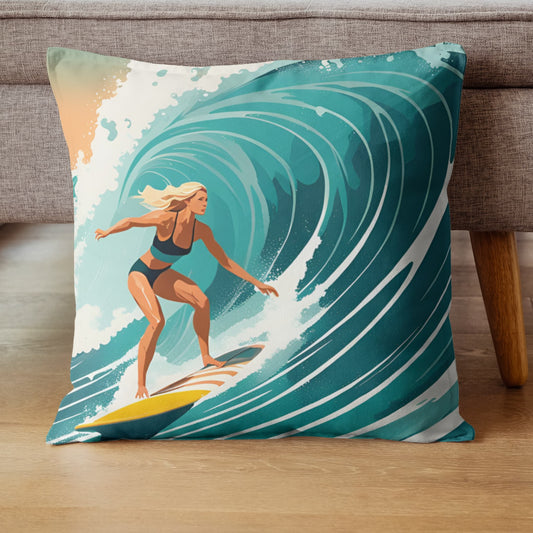Vintage Style Female Surfing Spun Polyester Square Pillow