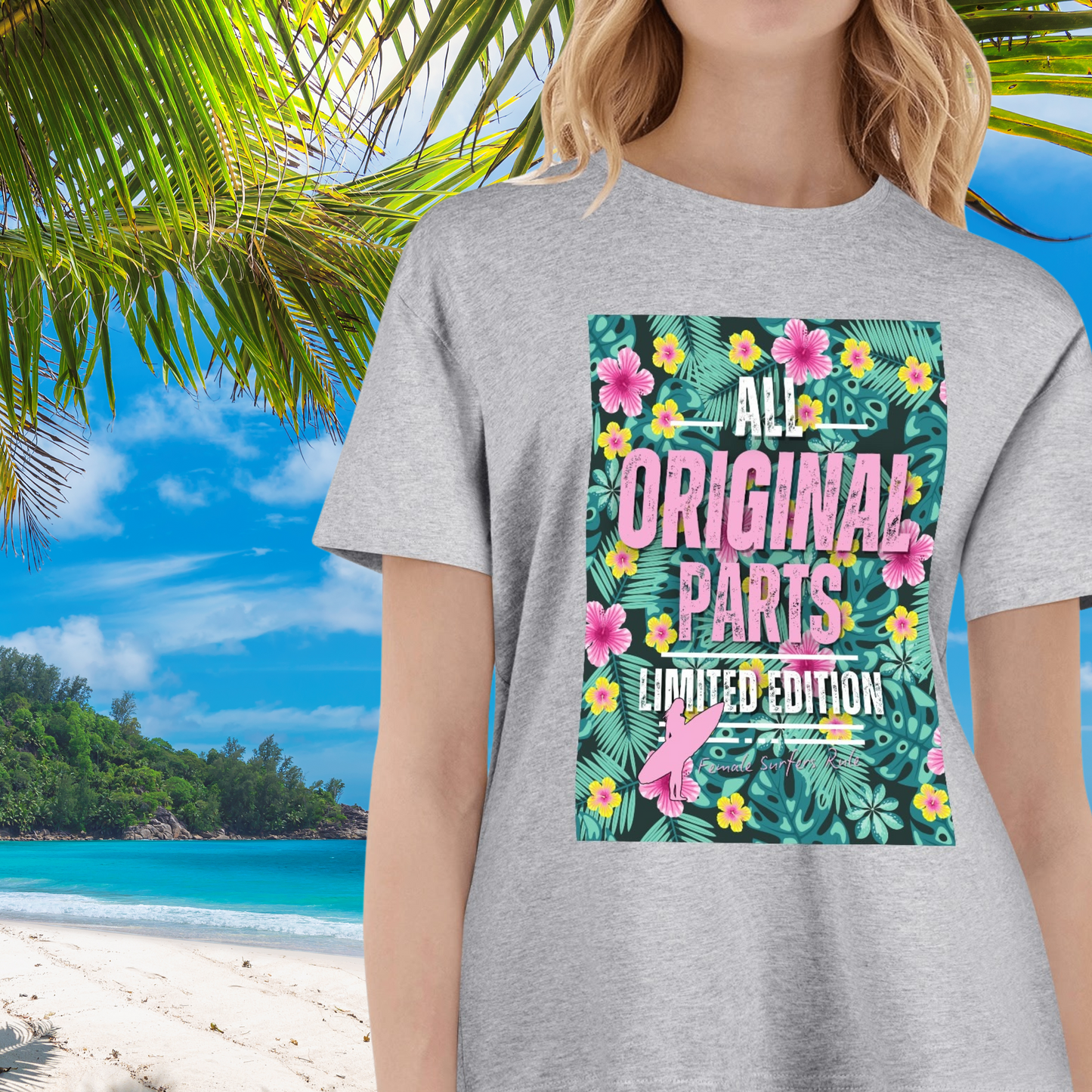 "All Original Parts" Female Surfers Cotton Front & Back Printing T Shirt