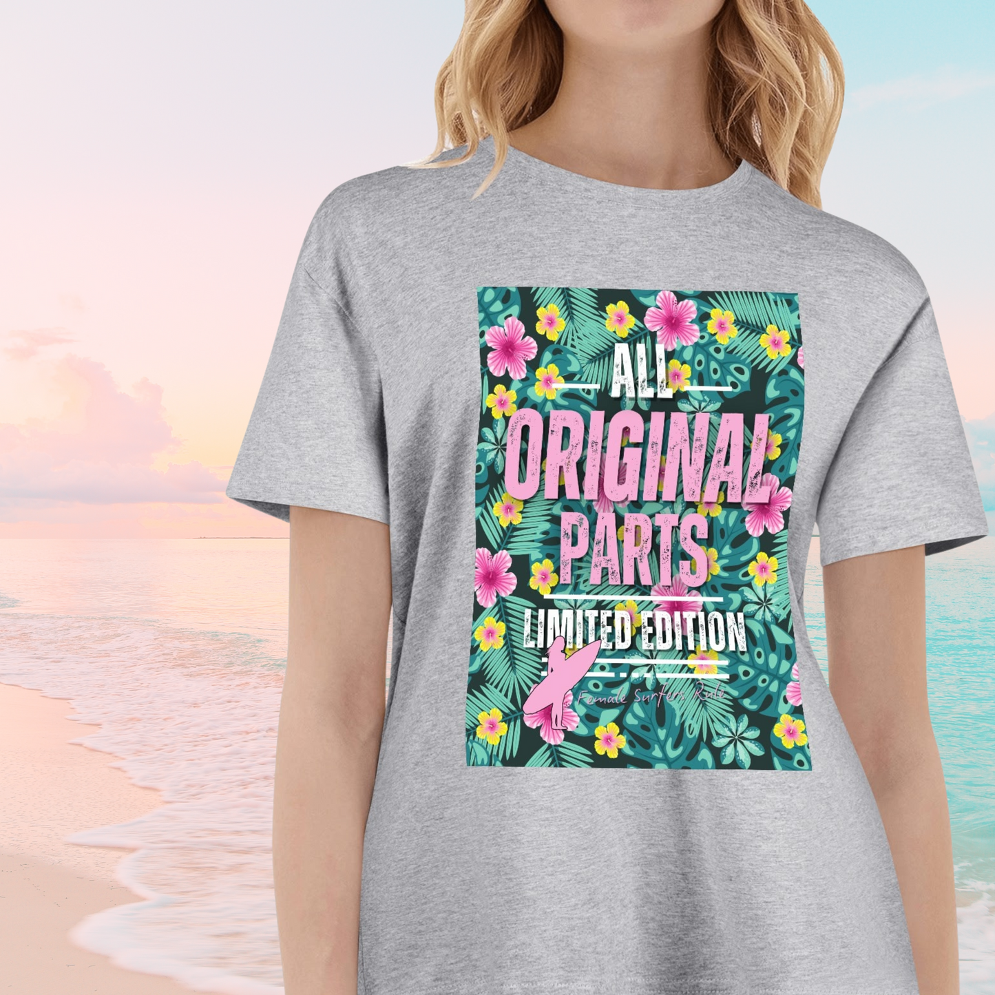 "All Original Parts" Female Surfers Cotton Front & Back Printing T Shirt