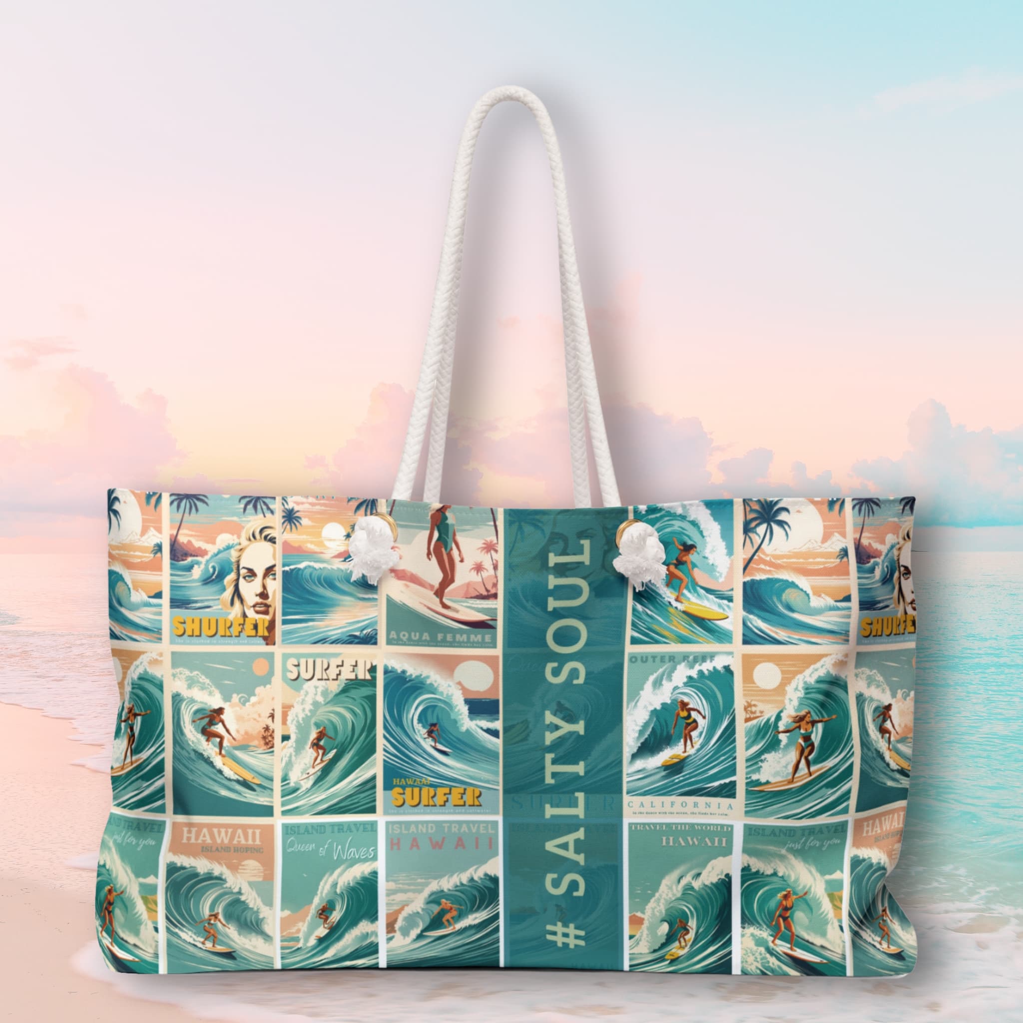 Rockabilly Aqua Blue Surfer Beach Bag popular Tote